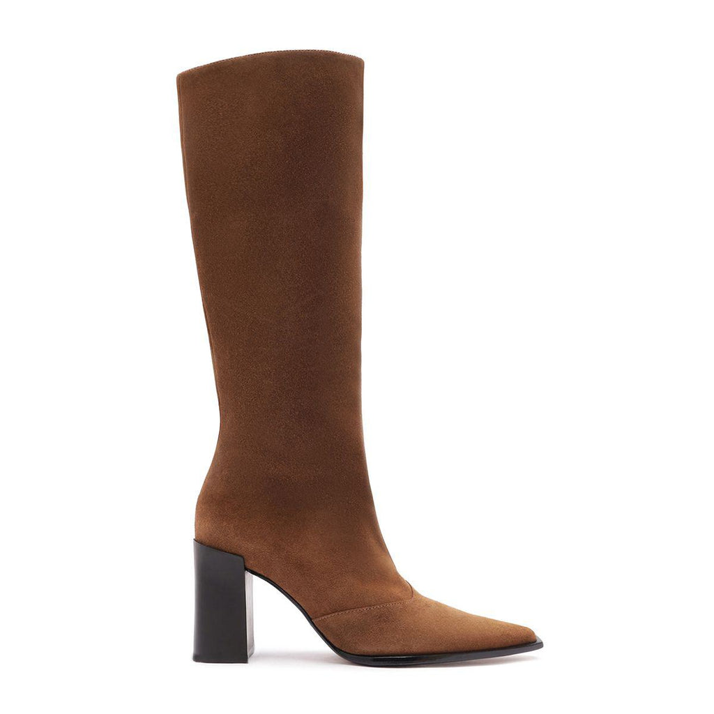 Side view of Raffaela Up Suede Boot in Pecan Brown showcasing tall suede shaft, pointed toe, and block heel on white
