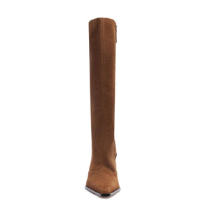 Front view of Raffaela Up Suede Boot in Pecan Brown showcasing tall suede shaft and pointed toe with white background