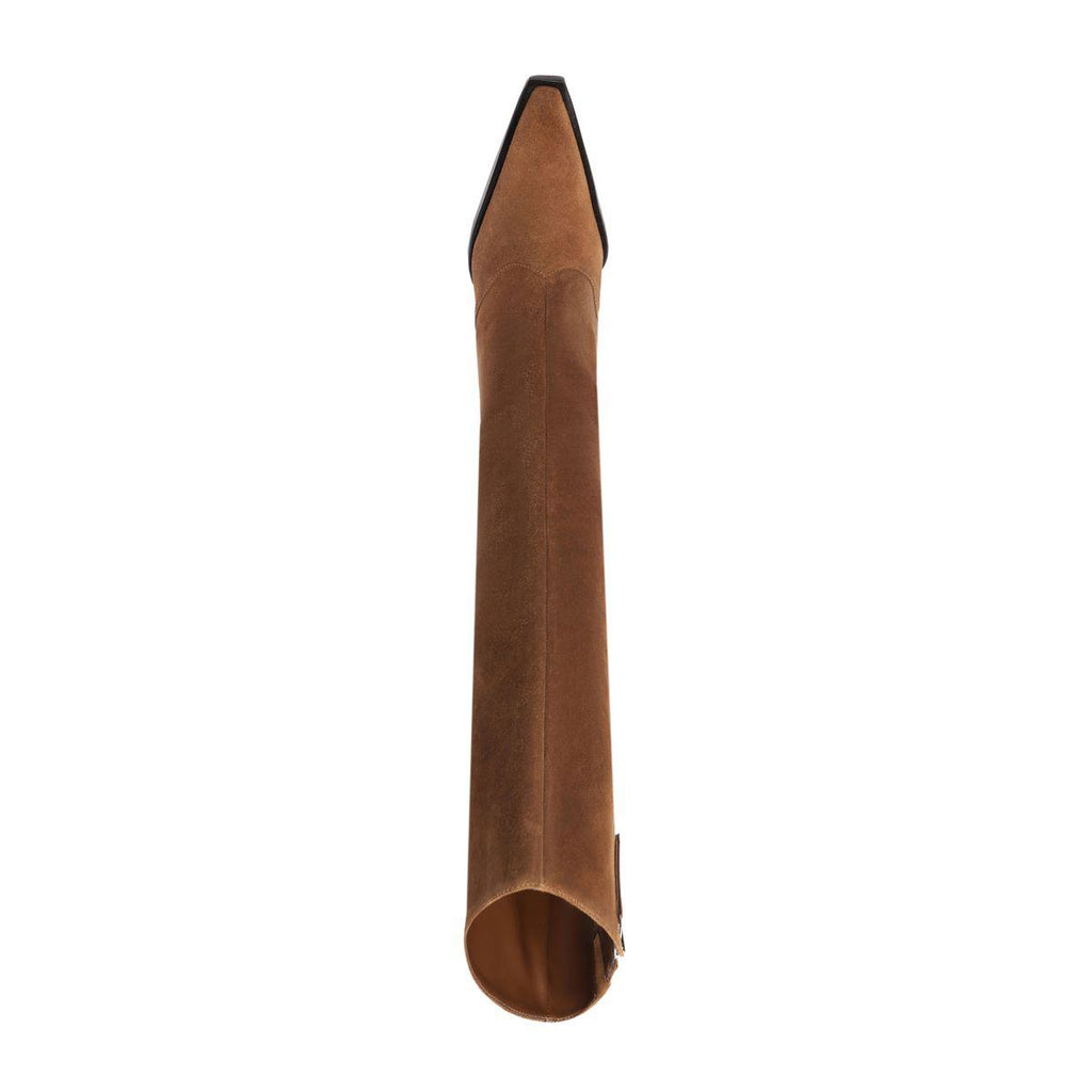 Full-length view of the Raffaela Up Suede Boot in Pecan Brown showcasing its tall suede shaft against a white background