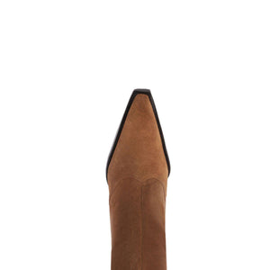 Close-up view of Raffaela Up Suede Boot in Pecan Brown showcasing pointed toe and suede upper with white background