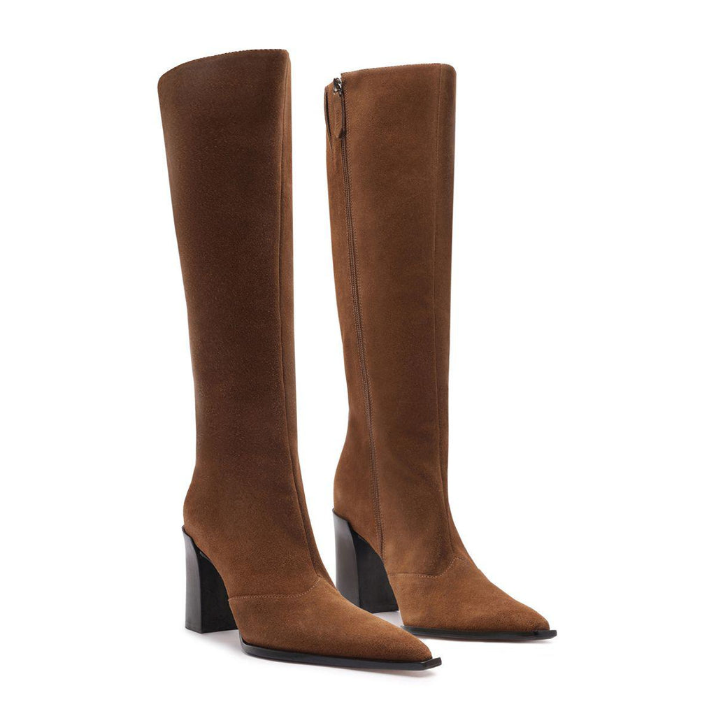 Front and side view of Raffaela Up Suede Boot in Pecan Brown with pointed toes, block heels, and zip closures