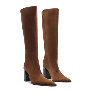 Front and side view of Raffaela Up Suede Boot in Pecan Brown with pointed toes, block heels, and zip closures