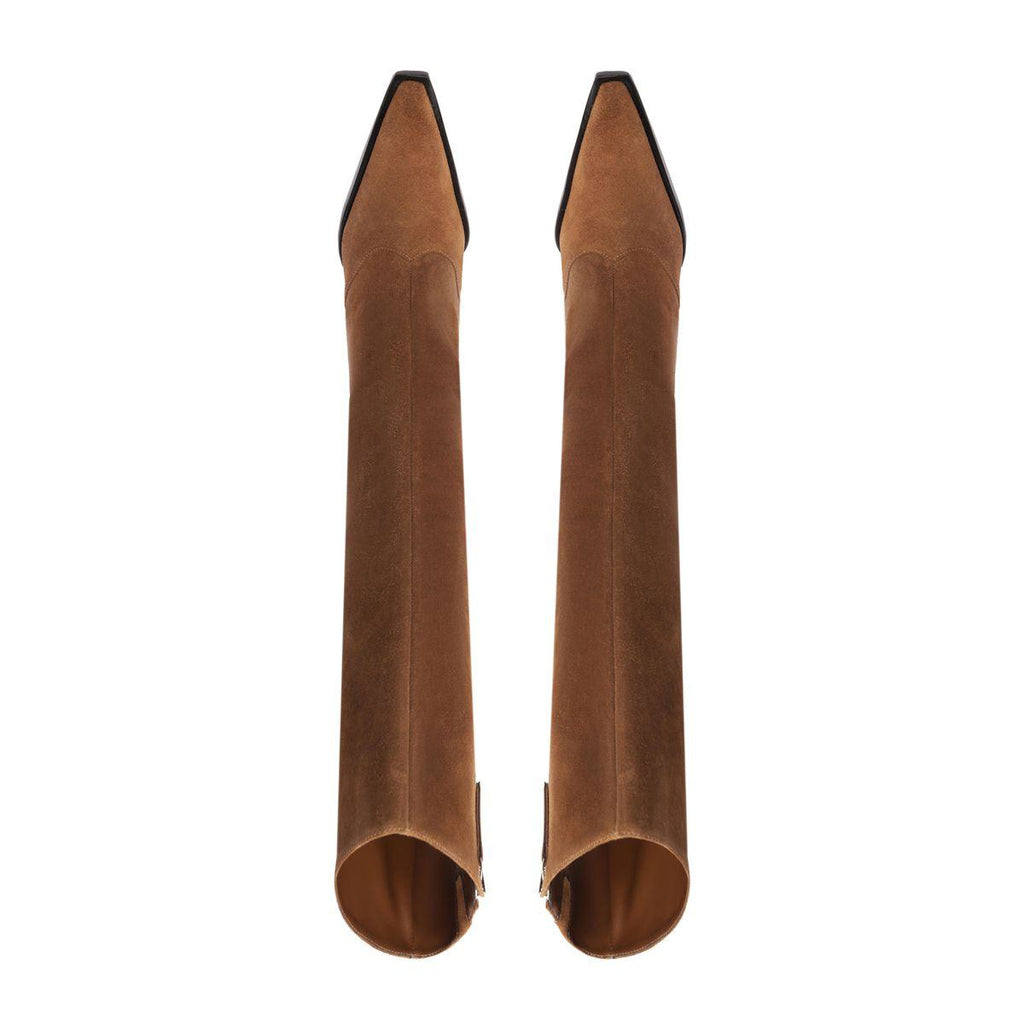 Front view of a pair of Raffaela Up suede boots in pecan brown showcasing tall shafts and pointed toes on a white background