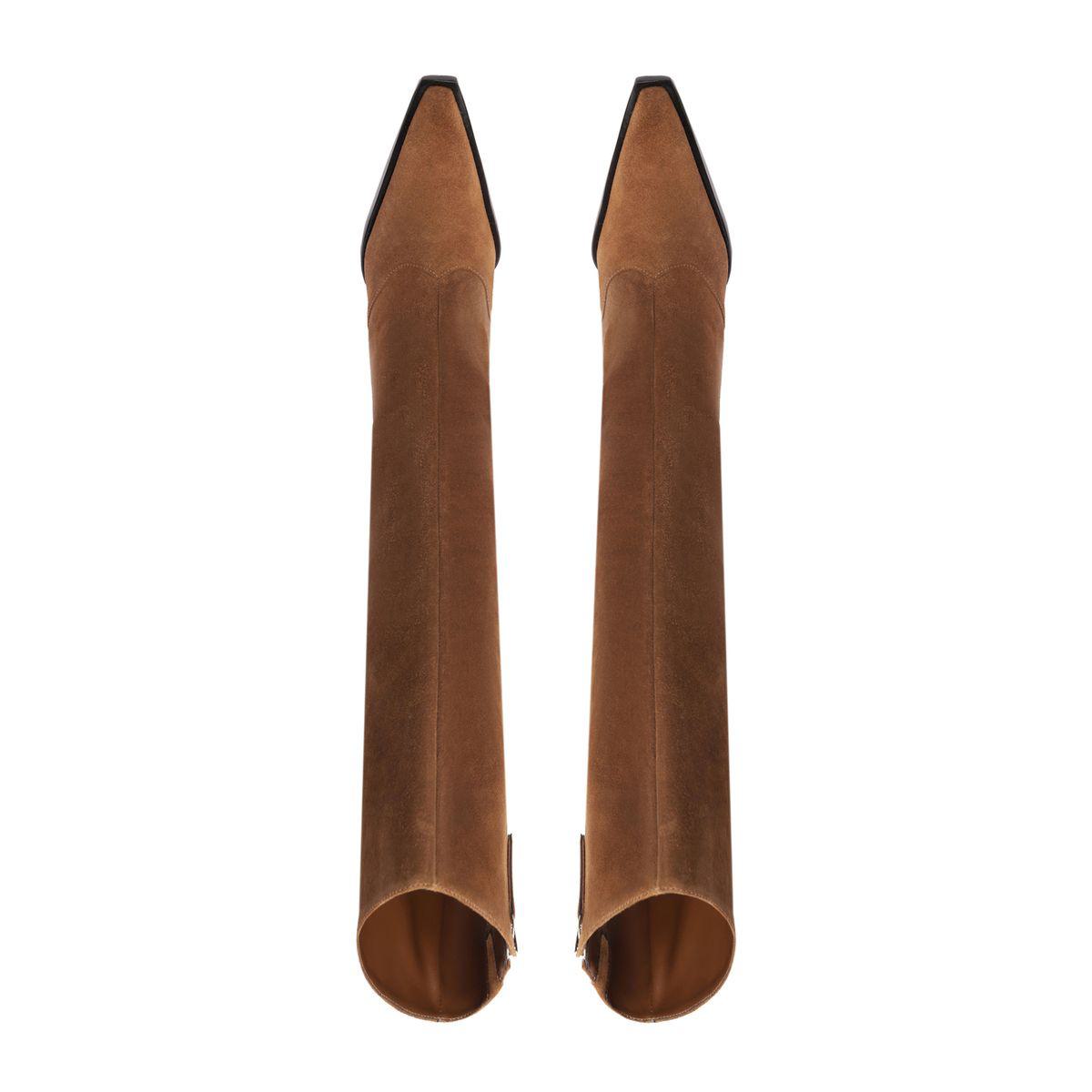 Front view of a pair of Raffaela Up suede boots in pecan brown showcasing tall shafts and pointed toes on a white background