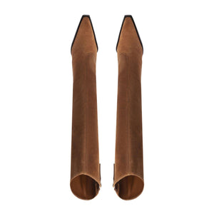 Front view of a pair of Raffaela Up suede boots in pecan brown showcasing tall shafts and pointed toes on a white background