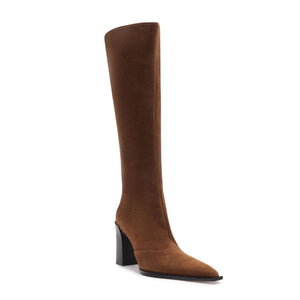Side view of Raffaela Up Suede Boot in Pecan Brown showcasing its tall shaft, pointed toe, and block heel against a white background