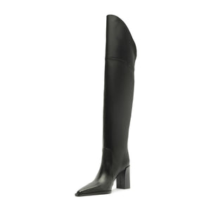 Side view of Raffaela over-the-knee leather boot in black showcasing pointed toe and block heel with white background