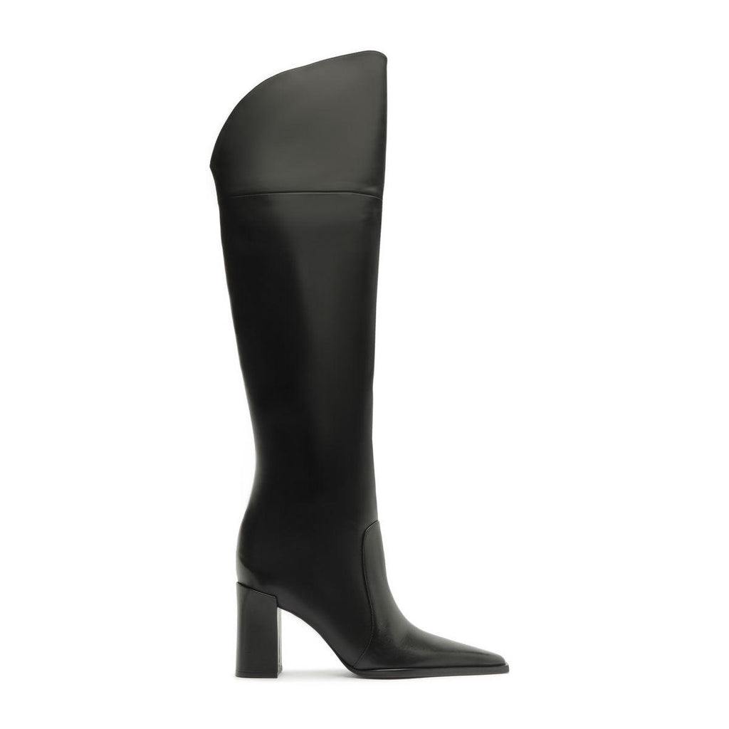 Side view of Raffaela over-the-knee leather boot in black showcasing its tall shaft and block heel against a white background