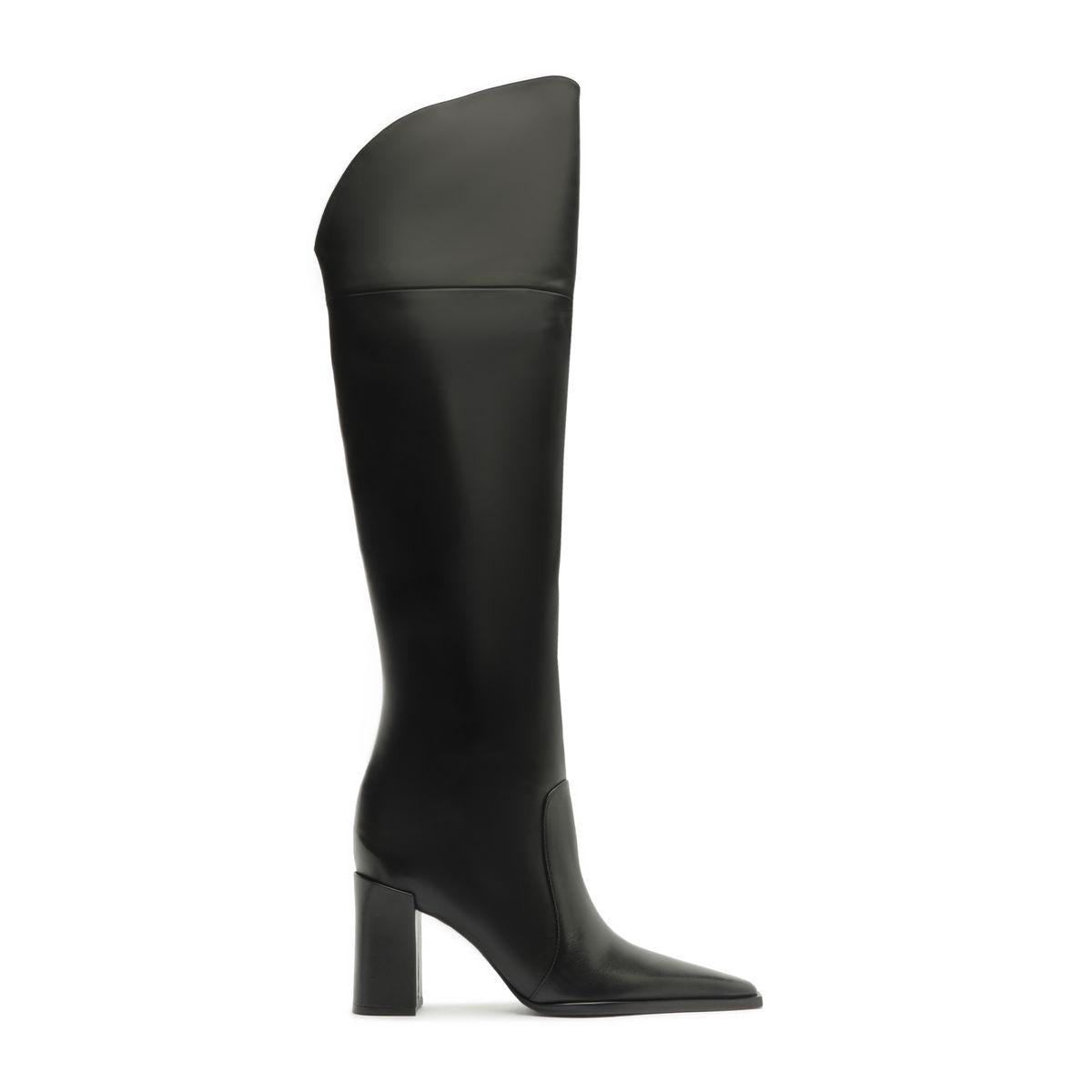 Side view of Raffaela over-the-knee leather boot in black showcasing its tall shaft and block heel against a white background