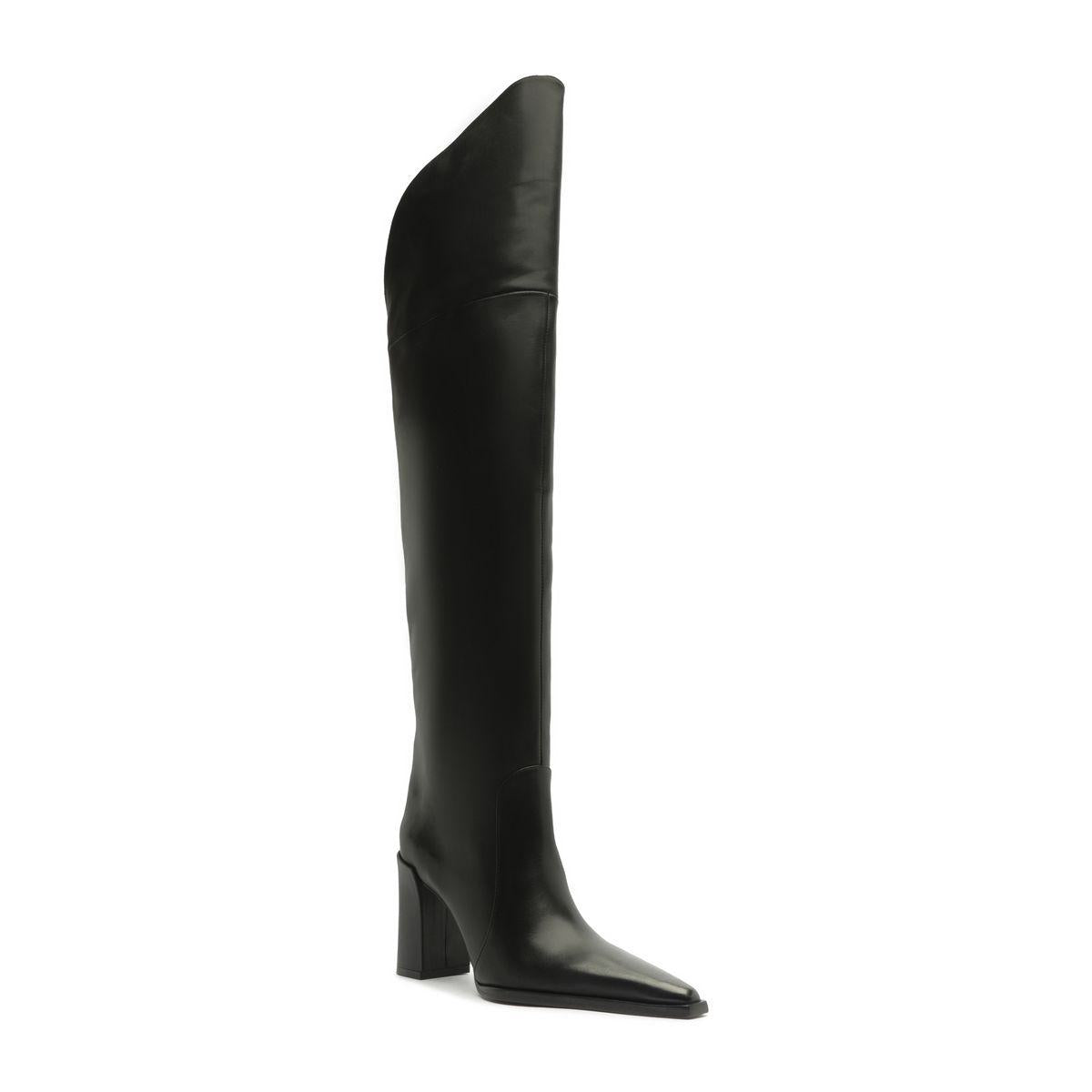 Side view of Raffaela over-the-knee leather boot in black showcasing its tall shaft and pointed toe against a white background