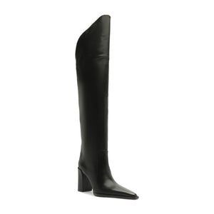 Side view of Raffaela over-the-knee leather boot in black showcasing its tall shaft and pointed toe against a white background