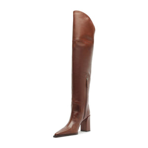 Side view of Raffaela Over The Knee Leather Boot in Warm Toffee showcasing pointed toe and block heel on white background