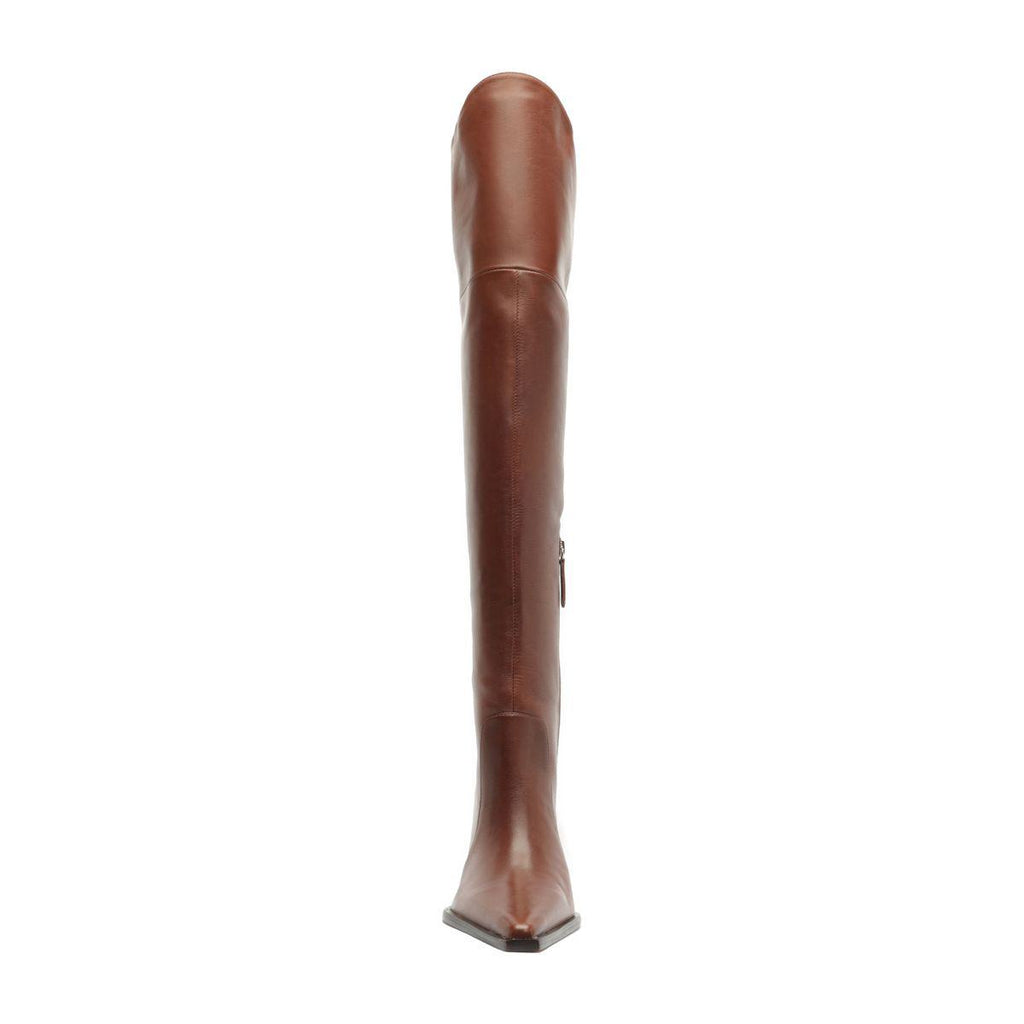 Side view of Raffaela over-the-knee leather boot in warm toffee showing tall shaft and side zipper against white background