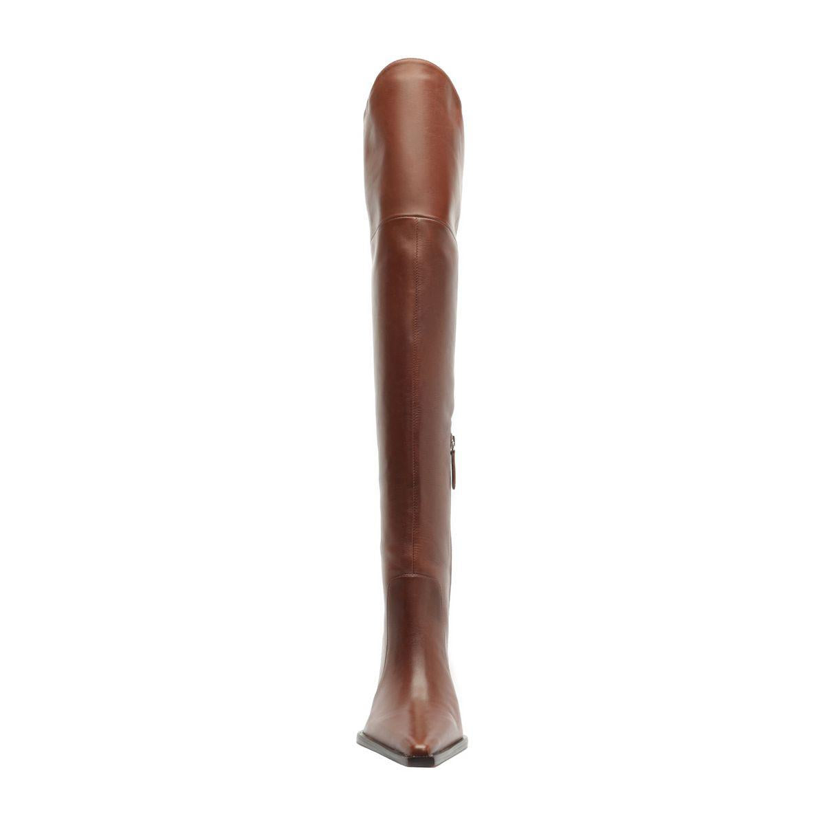 Side view of Raffaela over-the-knee leather boot in warm toffee showing tall shaft and side zipper against white background