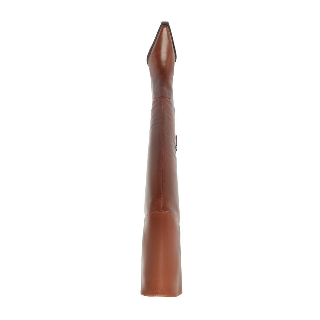 Vertical view of Raffaela over-the-knee leather boot showcasing its warm toffee color on a white background