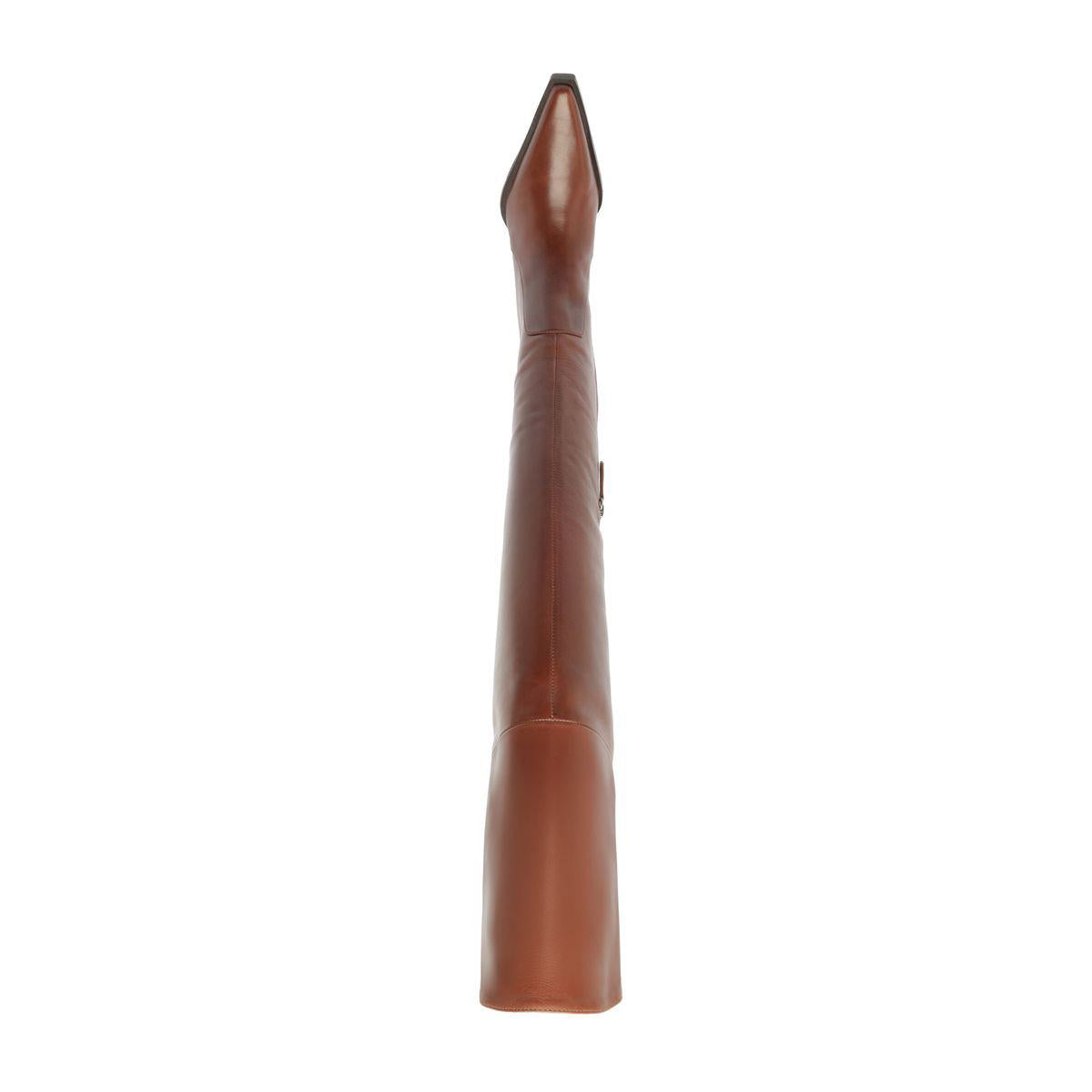 Vertical view of Raffaela over-the-knee leather boot showcasing its warm toffee color on a white background