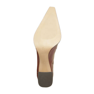 Bottom view of Raffaela over-the-knee leather boot in Warm Toffee showcasing the heel and sole on white