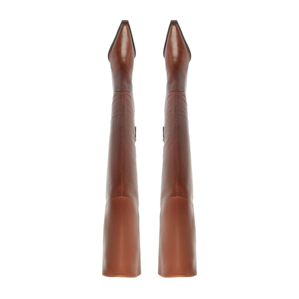 Rear view of Raffaela over-the-knee leather boots showcasing warm toffee leather with a white background
