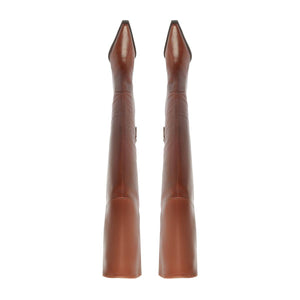 Rear view of Raffaela over-the-knee leather boots showcasing warm toffee leather with a white background