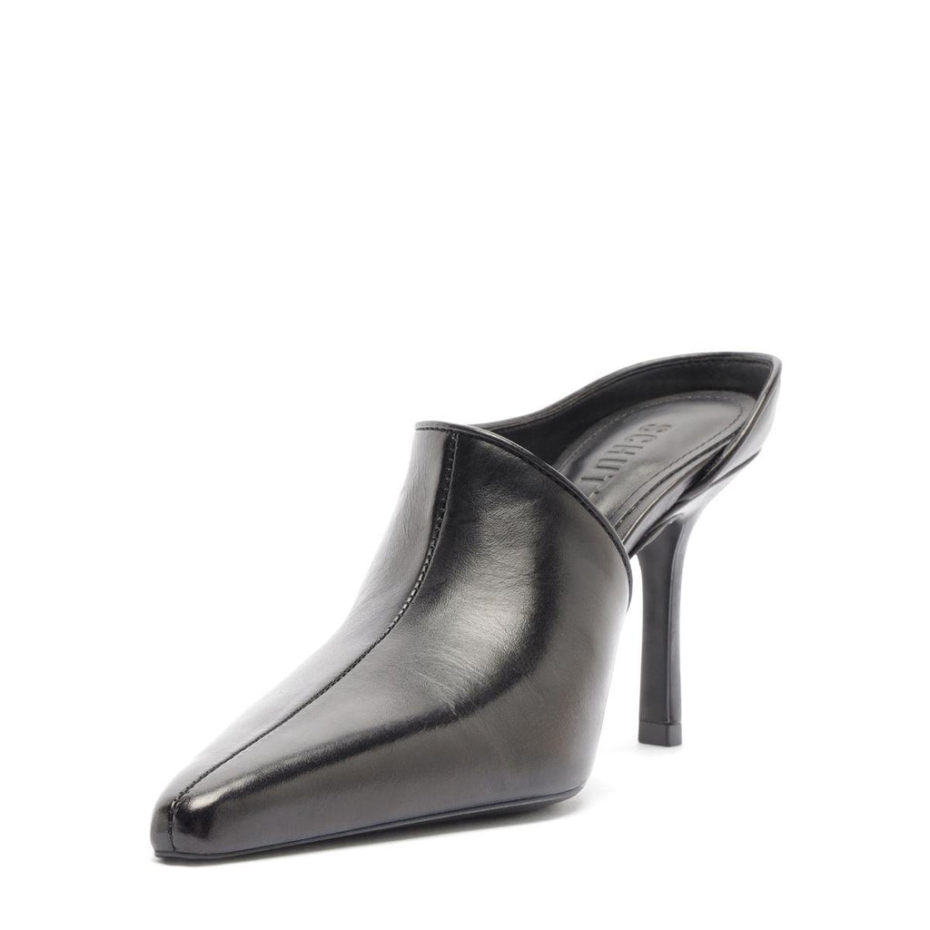 Side view of Abby leather pump in black showcasing pointed toe and slim stiletto heel on a white background