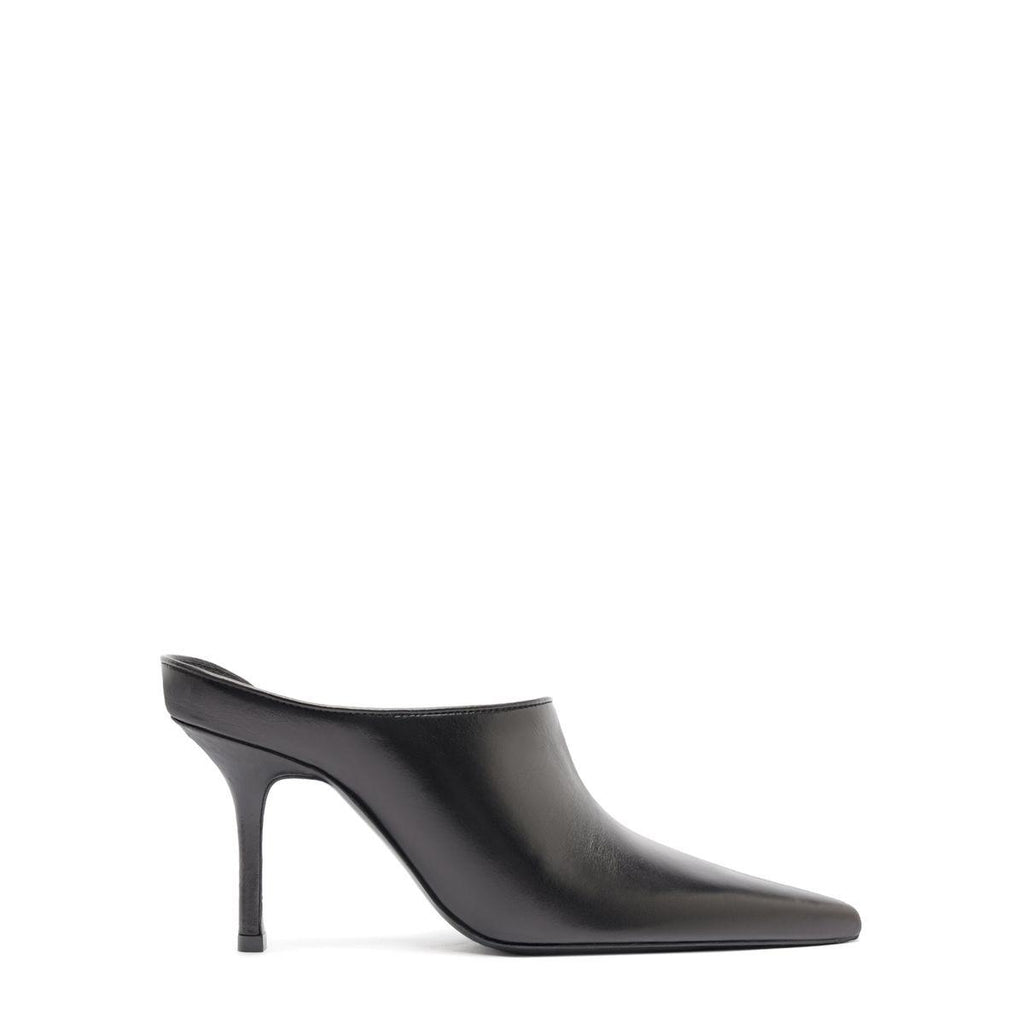 Side view of the Abby Leather Pump in Black showcasing its pointed toe and high stiletto heel against a white background
