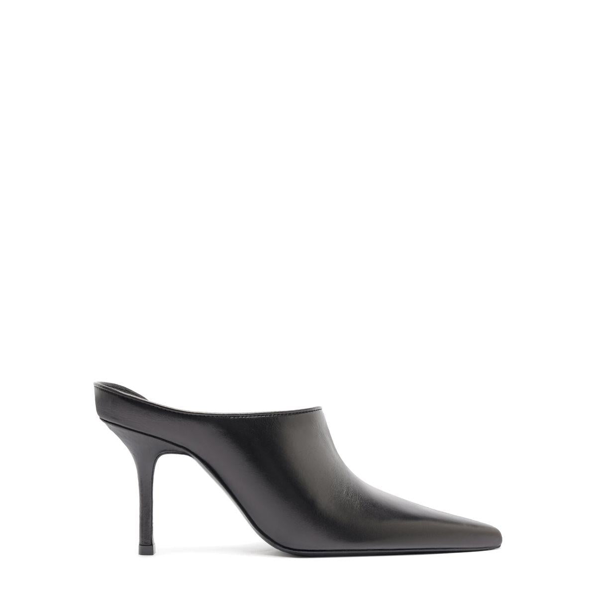 Side view of the Abby Leather Pump in Black showcasing its pointed toe and high stiletto heel against a white background