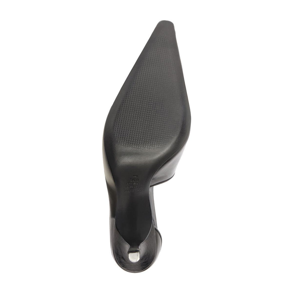Bottom view of Abby leather pump in black showcasing pointed toe and heel with white background