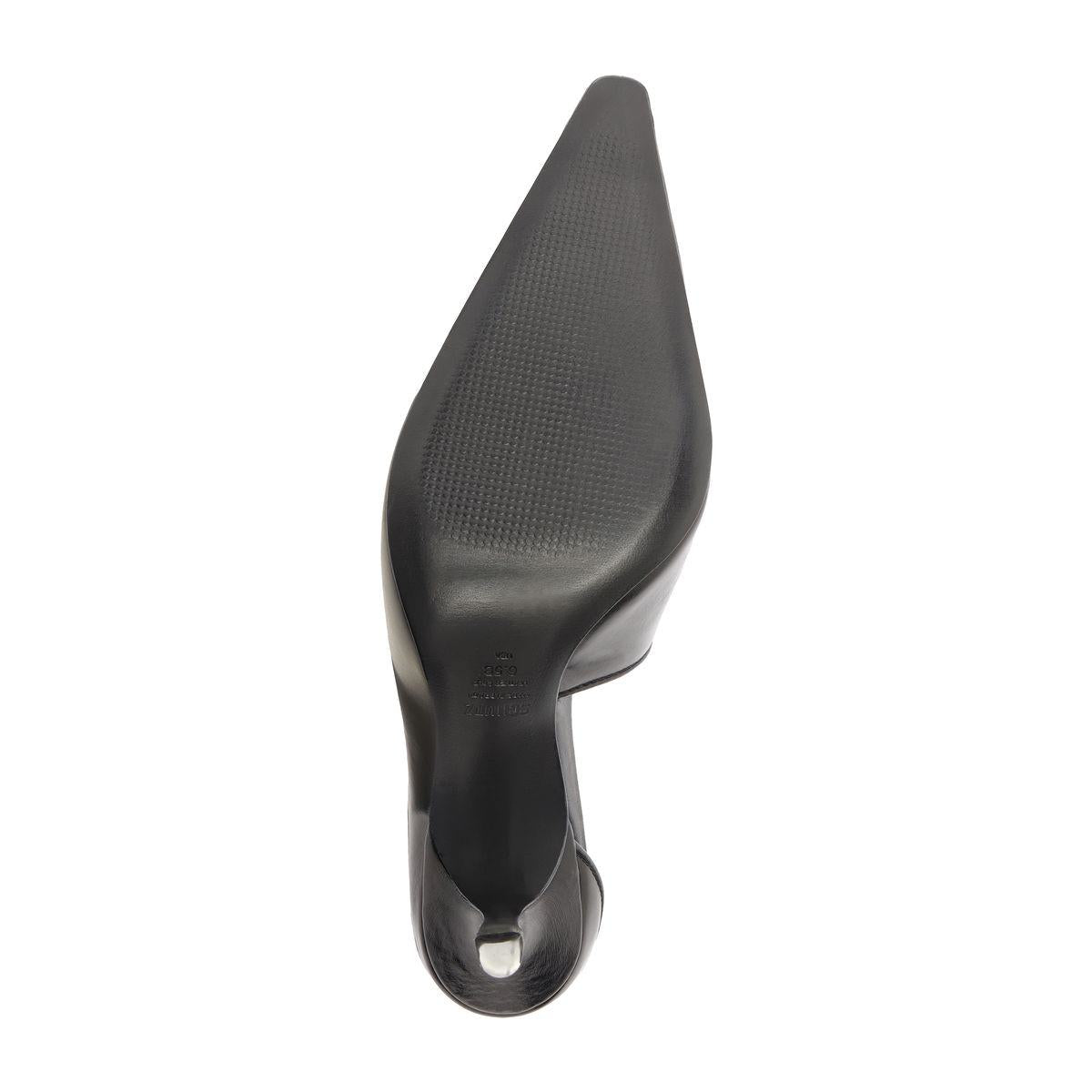 Bottom view of Abby leather pump in black showcasing pointed toe and heel with white background