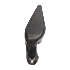 Bottom view of Abby leather pump in black showcasing pointed toe and heel with white background