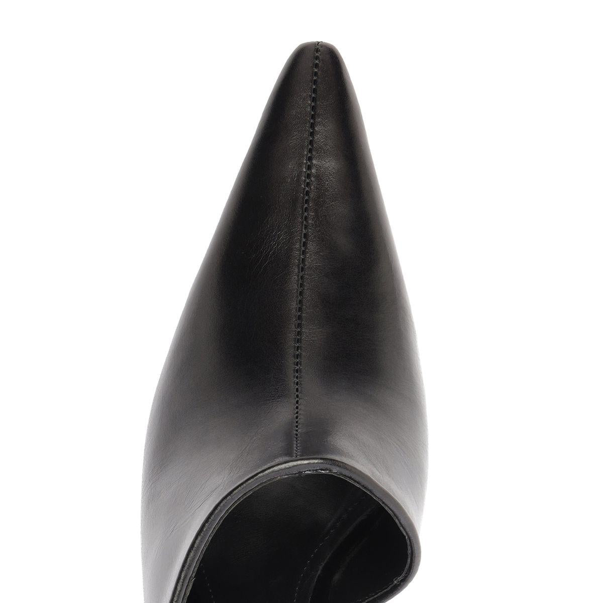 Close-up view of Abby leather pump in black showcasing pointed toe and center seam on white background