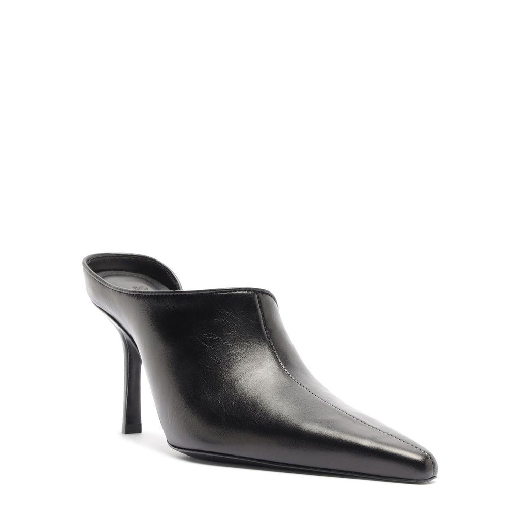 Side view of Abby Leather Pump in Black showcasing pointed toe and high stiletto heel on a white background