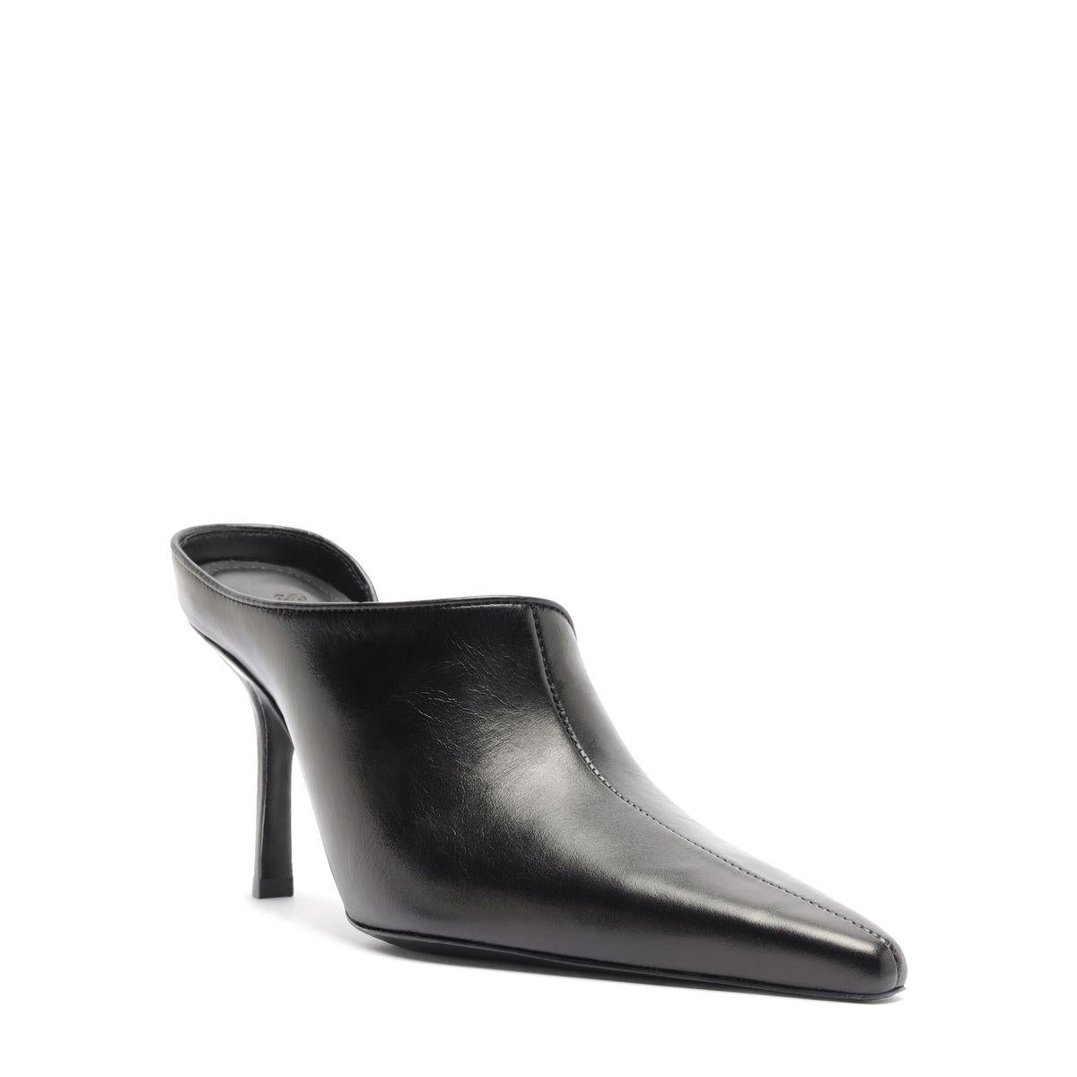Side view of Abby Leather Pump in Black showcasing pointed toe and high stiletto heel on a white background