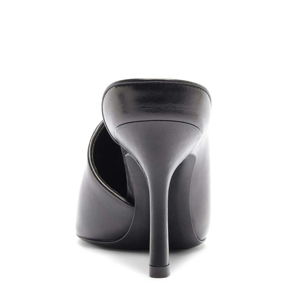 Rear view of Abby Leather Pump in Black showcasing the slim heel against a white background