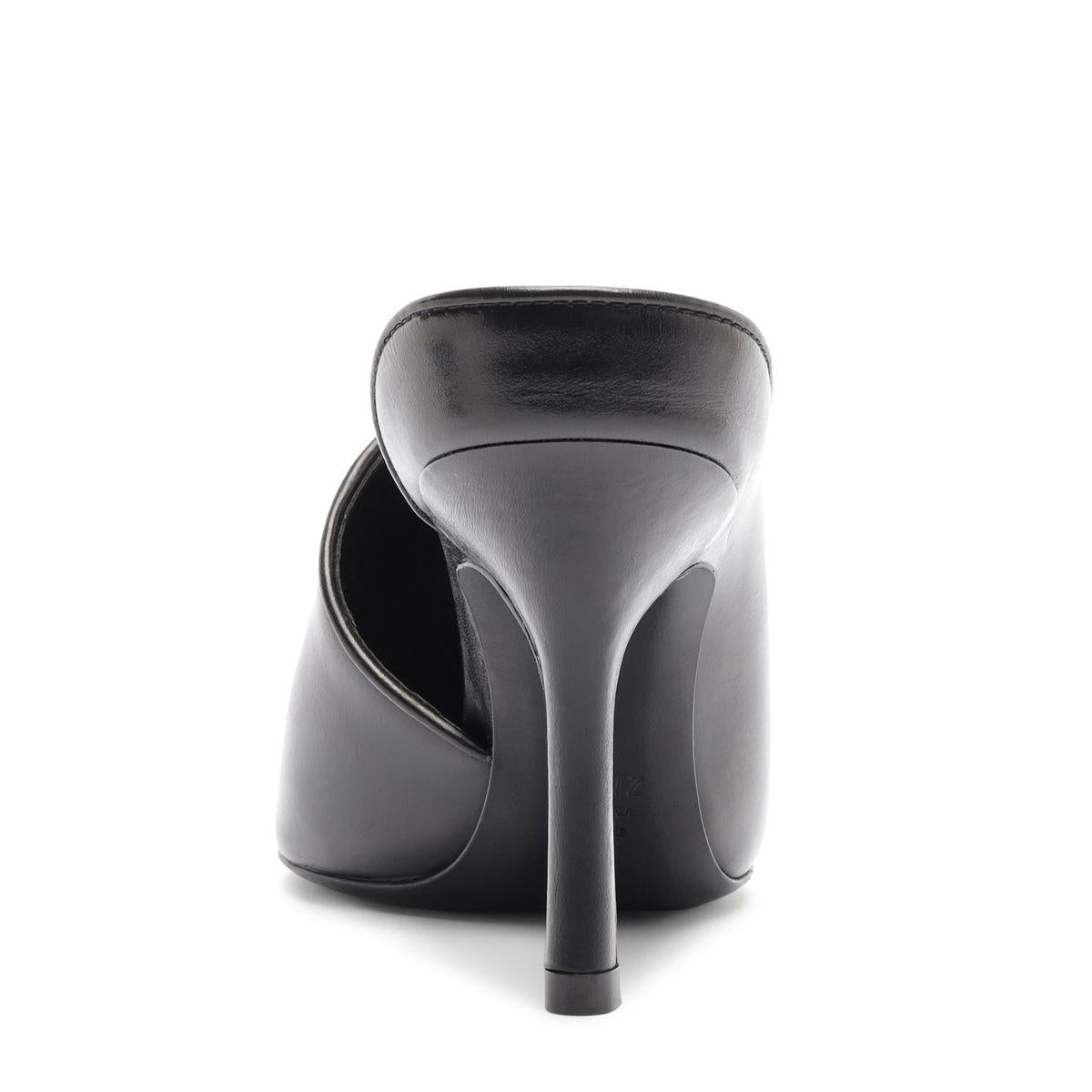 Rear view of Abby Leather Pump in Black showcasing the slim heel against a white background