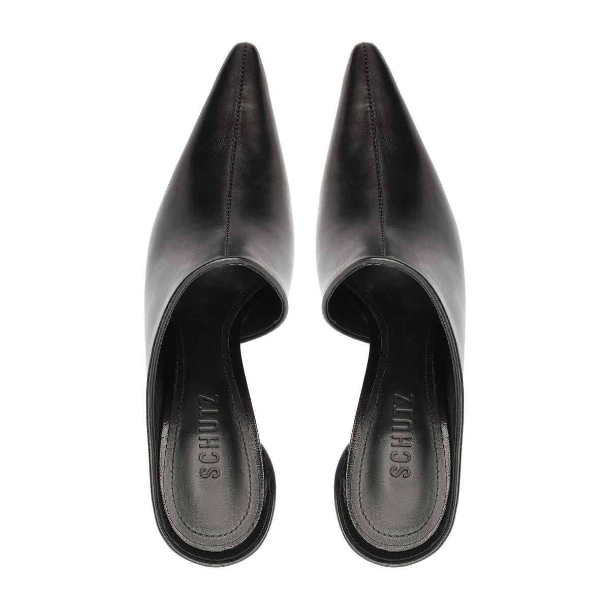 Top view of the Abby leather pumps in black showcasing pointed toes and open backs on a white background