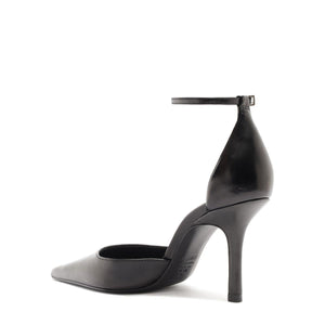 Side view of Jenny Leather Pump in Black showcasing its pointed toe, buckle detail, and stiletto heel with a white background