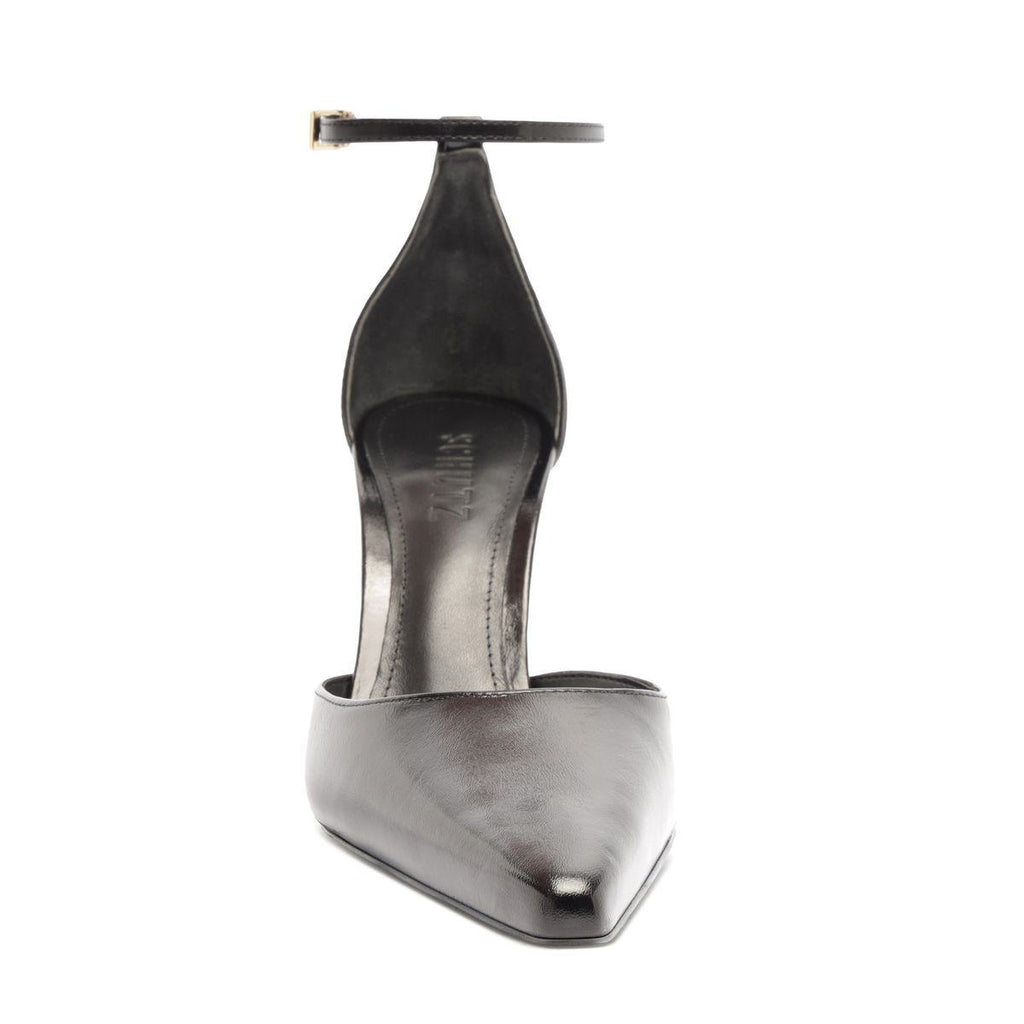 Top view of Jenny Leather Pump in Black showcasing pointed toe and buckle detail with white background