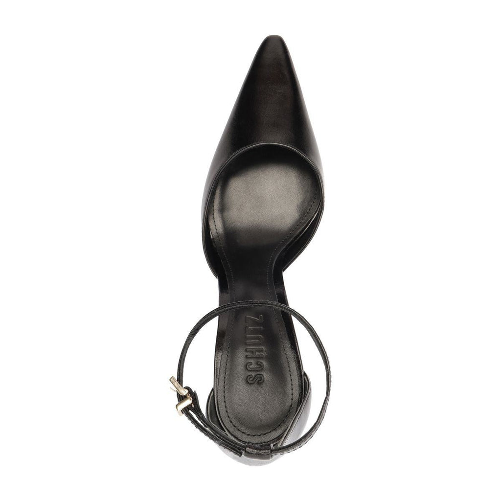 Top view of Jenny Leather Pump in Black showcasing its pointed toe and buckle detail on a white background