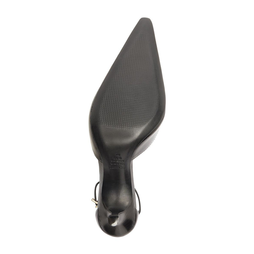 Bottom view of Jenny Leather Pump in Black showcasing the leather outsole and pointed toe on a white background