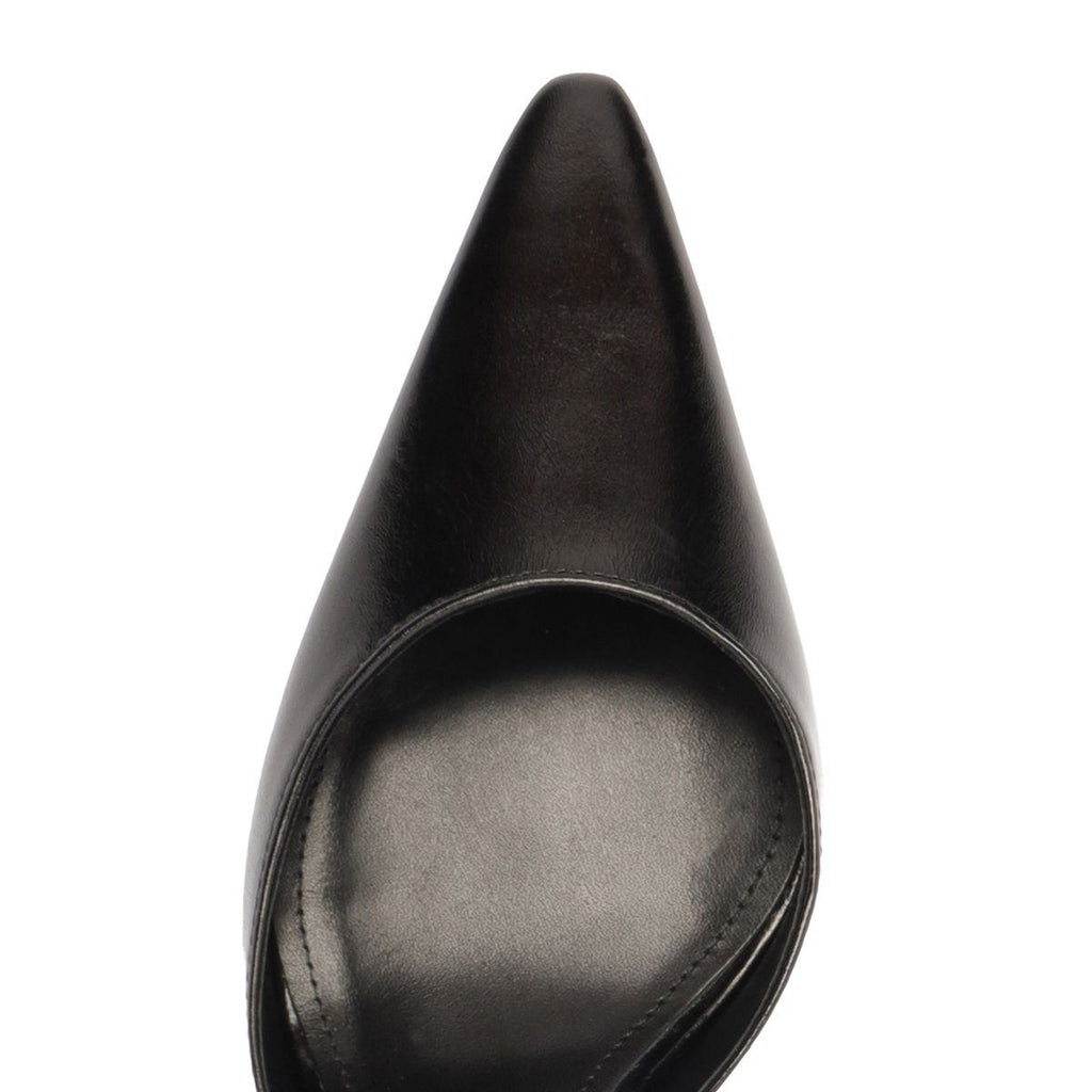 Top view of Jenny Leather Pump in Black showcasing pointed toe and leather upper on a white background