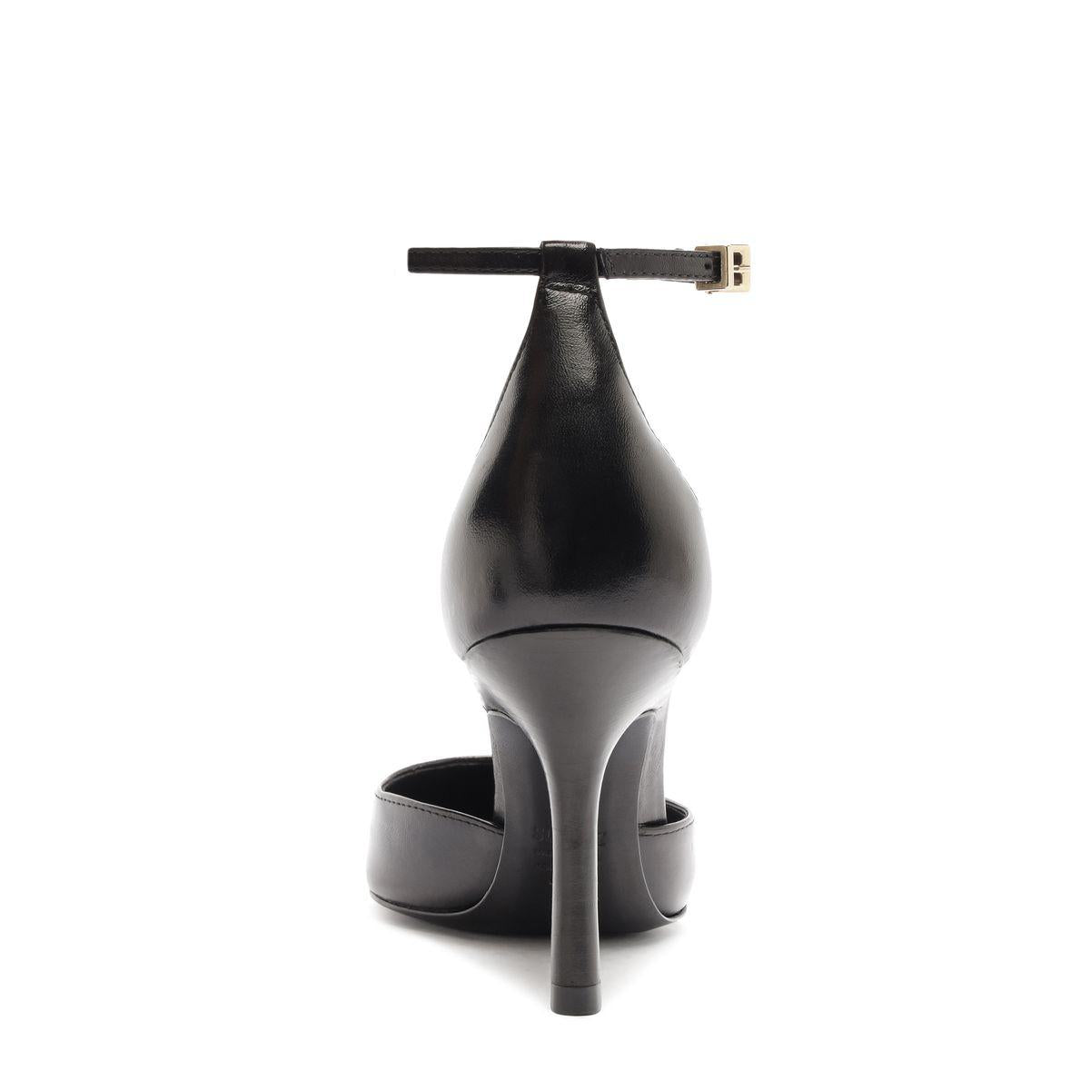 Rear view of Jenny Leather Pump in Black showcasing buckle detail and stiletto heel against a white background