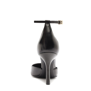 Rear view of Jenny Leather Pump in Black showcasing buckle detail and stiletto heel against a white background