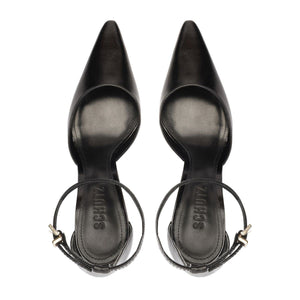 Top view of Schutz Jenny Leather Pump in Black showcasing pointed toes and ankle straps on a white background