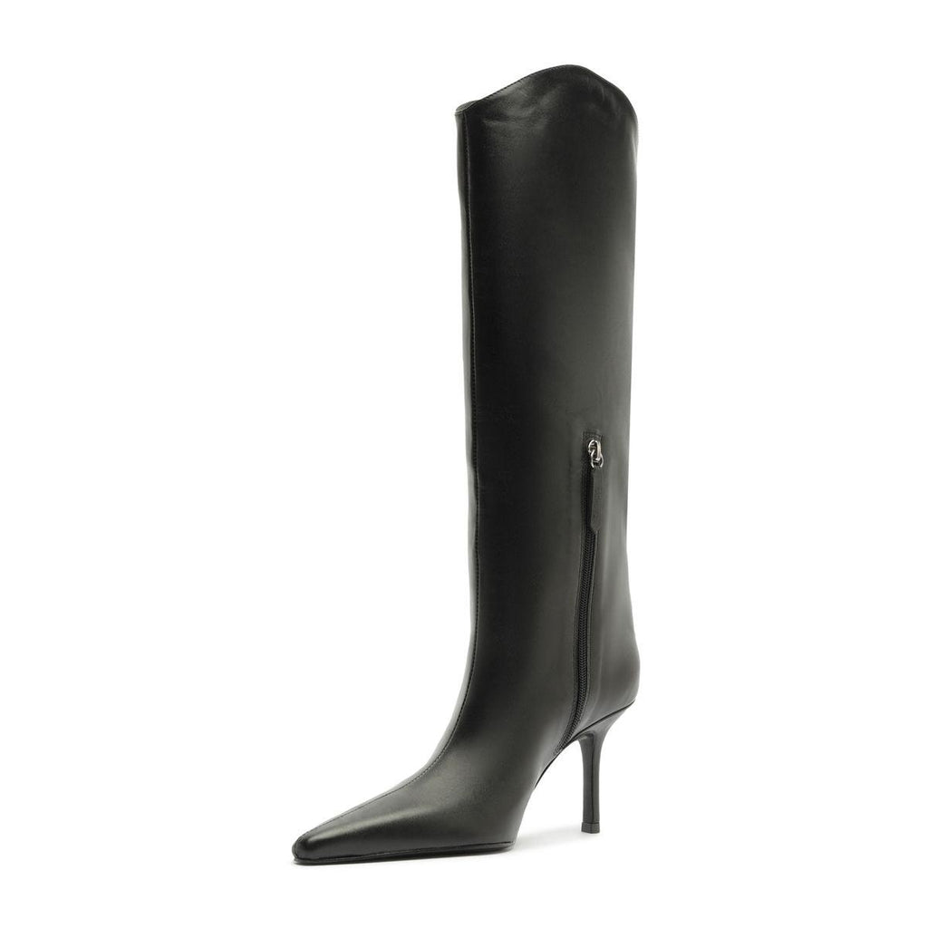 Side view of the black Mary Ellen leather boot showcasing its tall shaft, pointed toe, and slim heel on white