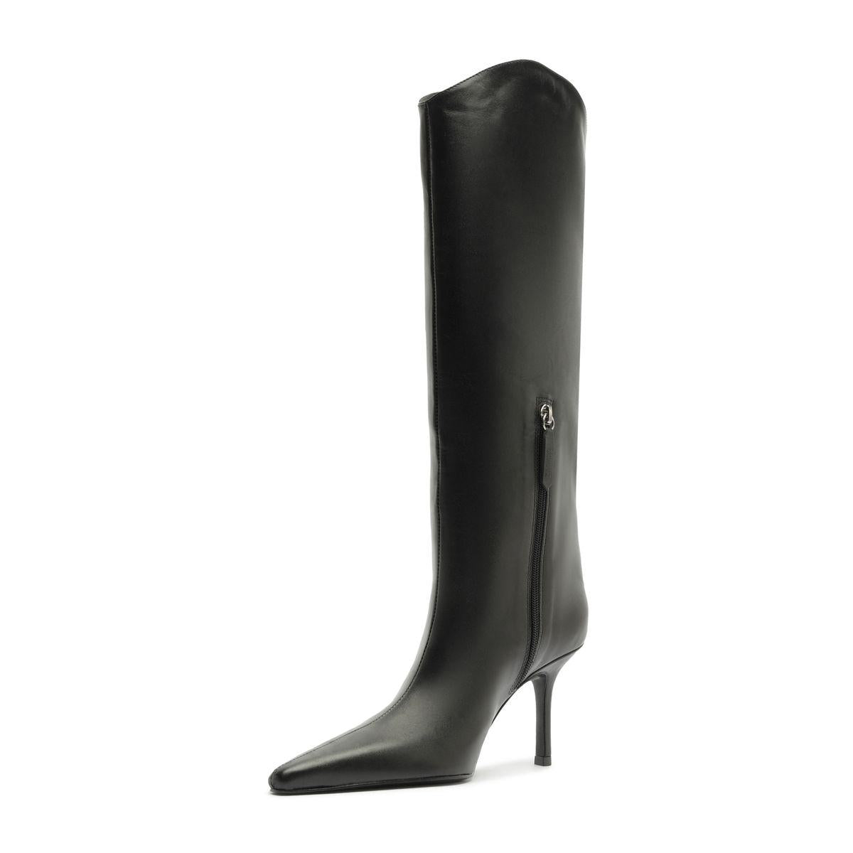 Side view of the black Mary Ellen leather boot showcasing its tall shaft, pointed toe, and slim heel on white
