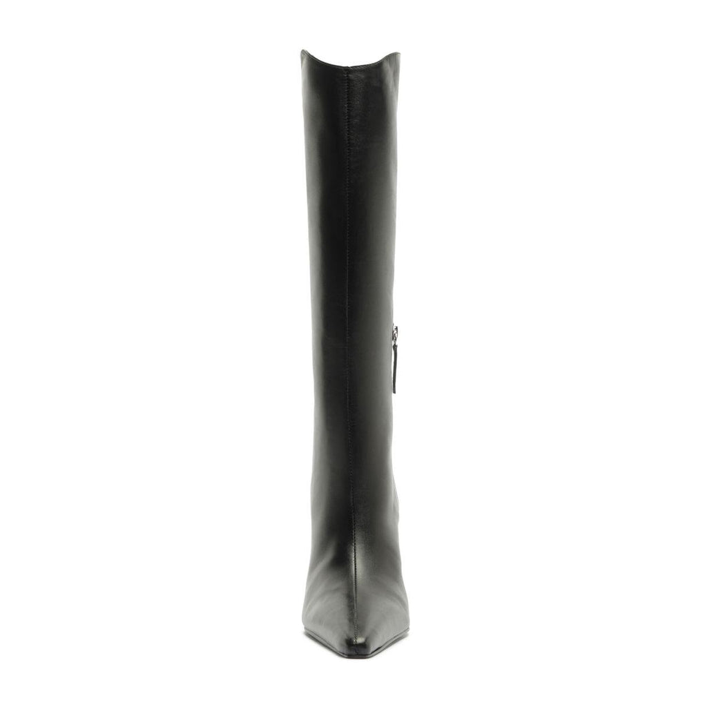 Front view of Mary Ellen Leather Boot in Black showcasing its tall shaft and pointed toe with a white background