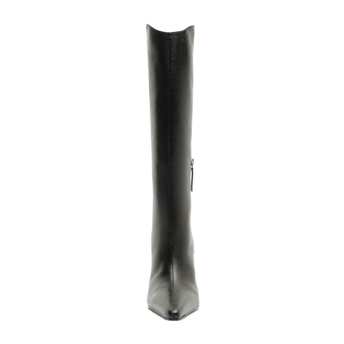 Front view of Mary Ellen Leather Boot in Black showcasing its tall shaft and pointed toe with a white background