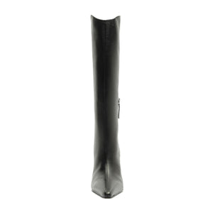 Front view of Mary Ellen Leather Boot in Black showcasing its tall shaft and pointed toe with a white background