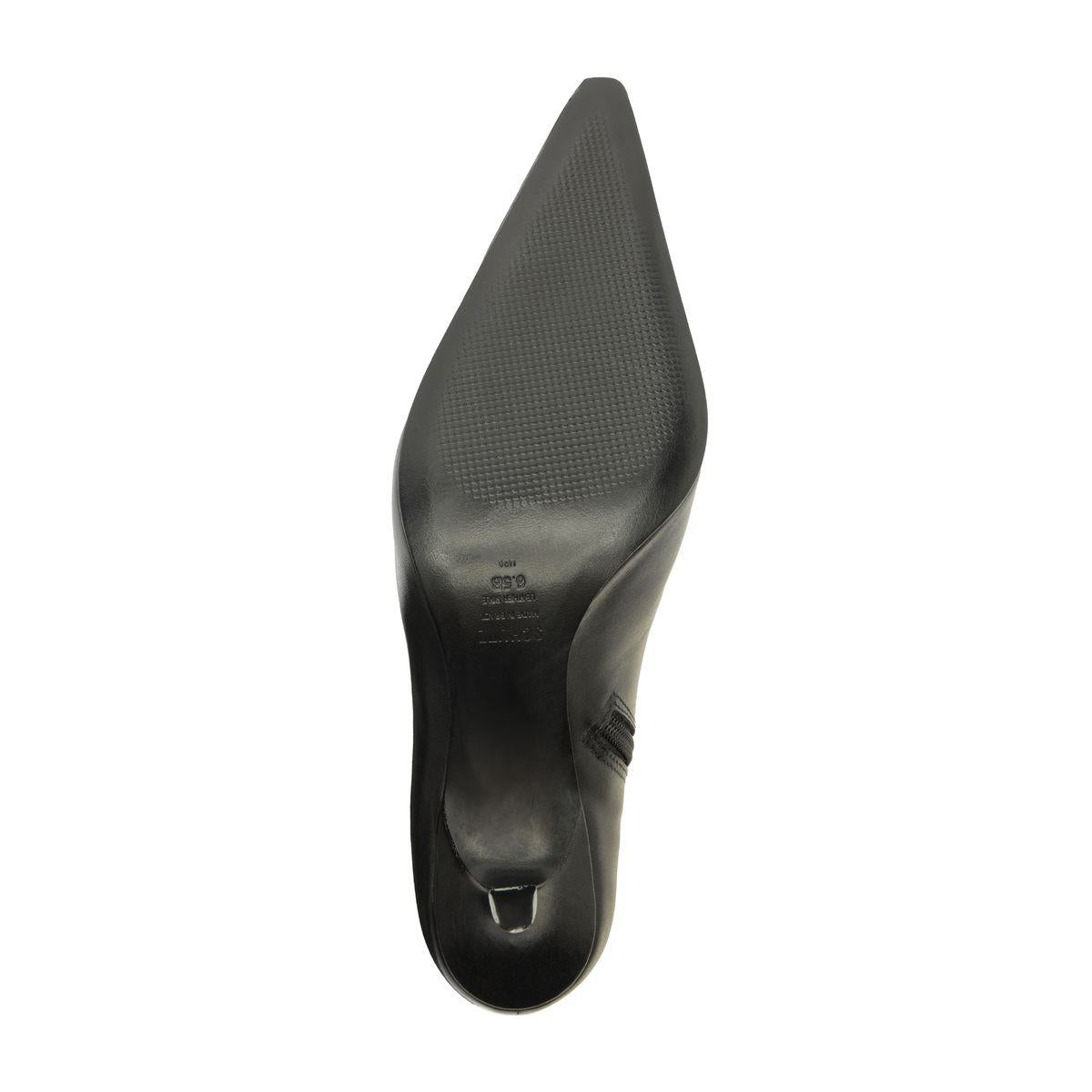 Bottom view of the Mary Ellen black leather boot showcasing its pointed toe and textured sole on a white background
