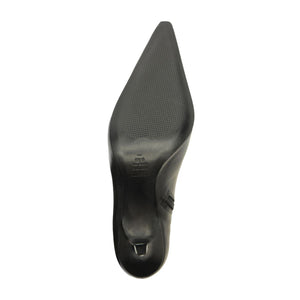 Bottom view of the Mary Ellen black leather boot showcasing its pointed toe and textured sole on a white background